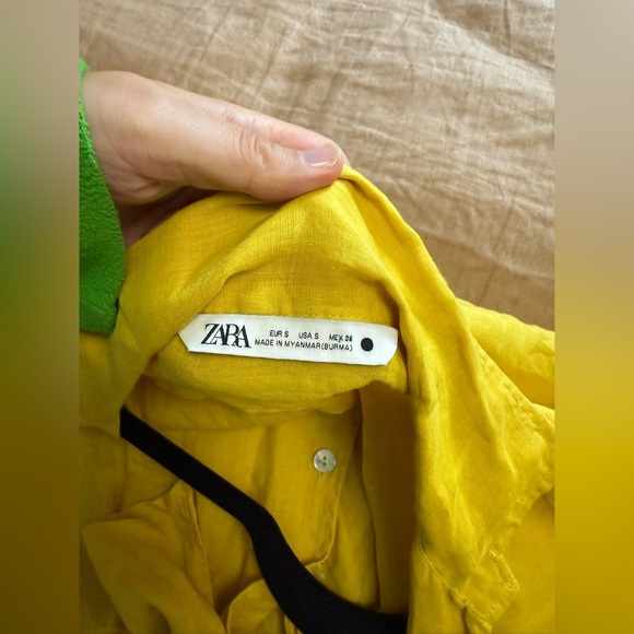 Zara Yellow 100% Ramie Tie Waist Cropped Blouse with ruffled long sleeve - Picture 7 of 12